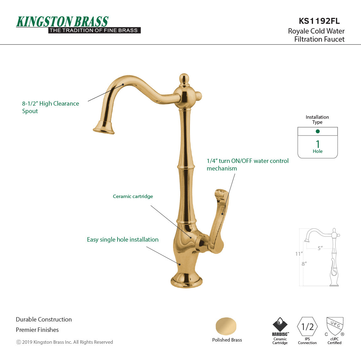 Kingston Heirloom KS1192FL - Royale Single-Handle 1-Hole Deck Mount Water Filtration Faucet, Polished Brass — thumbnail 3